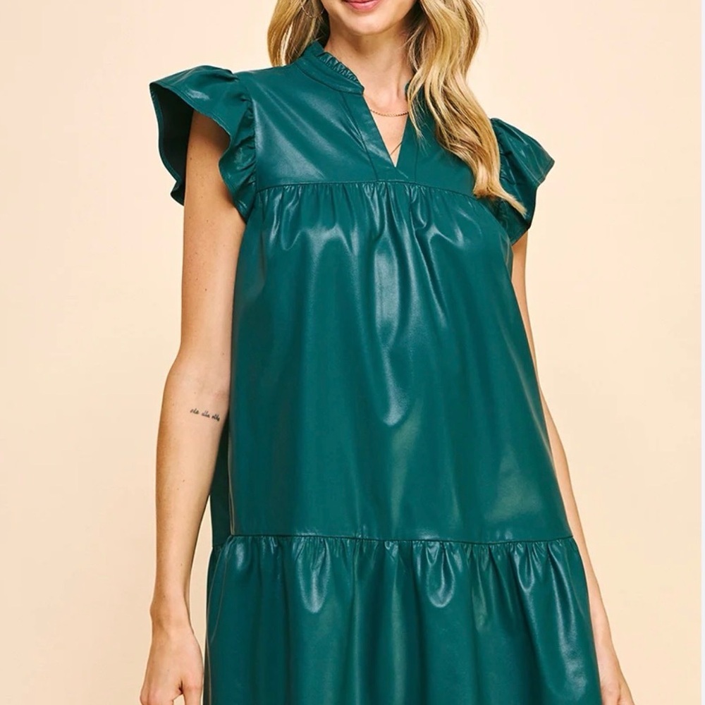 THML VEGAN LEATHER DRESS WITH RUFFLE SLEEVE
